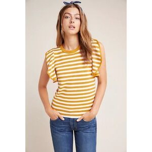 NWT Anthropologie Jillian Flutter Sleeve Knit Top Yellow Mustard Striped Size XL